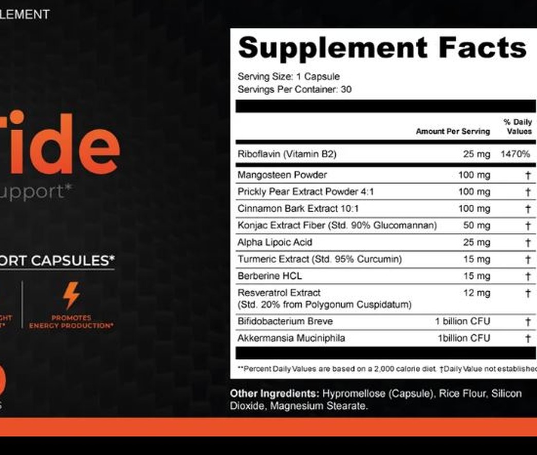 ExiTide Supplement Facts panel showing all eleven ingredients and their doses per capsule